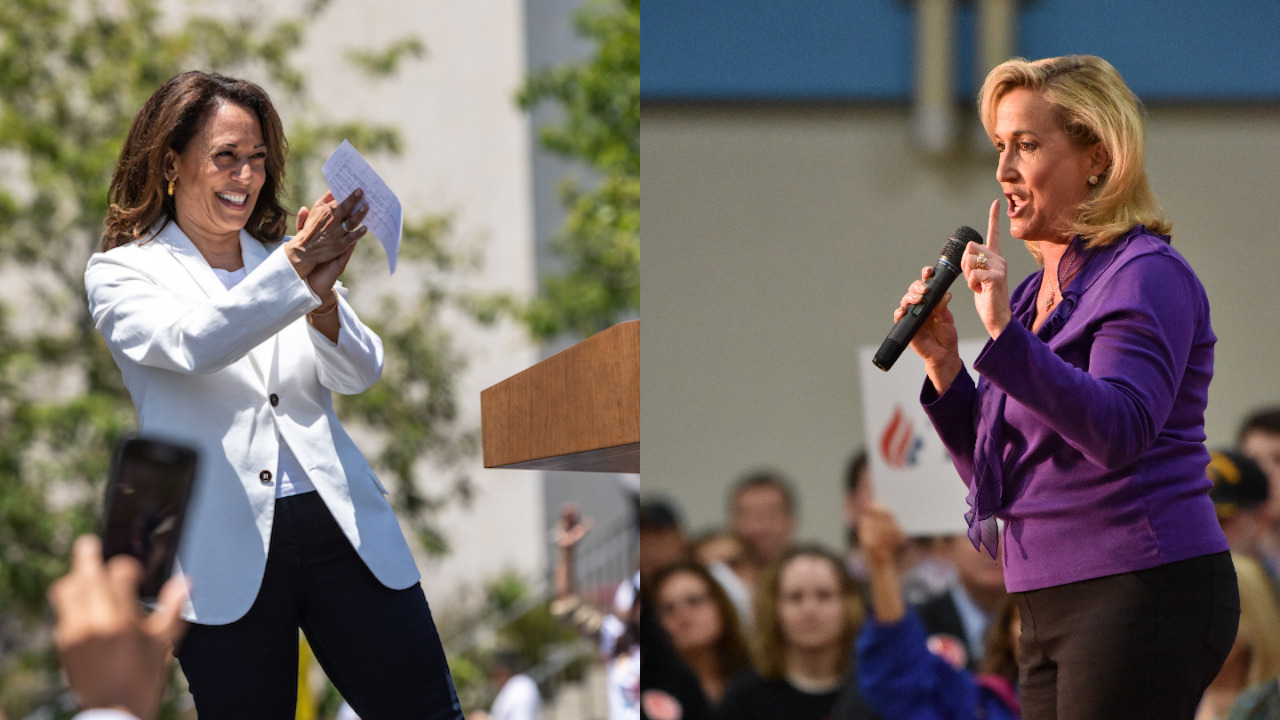 Kamala Harris at a Los Angeles rally, 2018 (l.) and Ann Wagner stumping for Ted Cruz in Missouri, 2016 (r.)