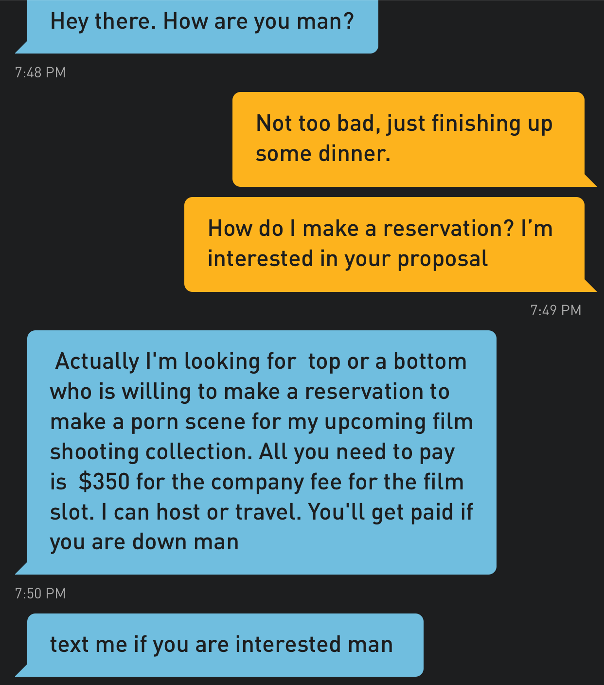 An exchange with a victim over Grindr.